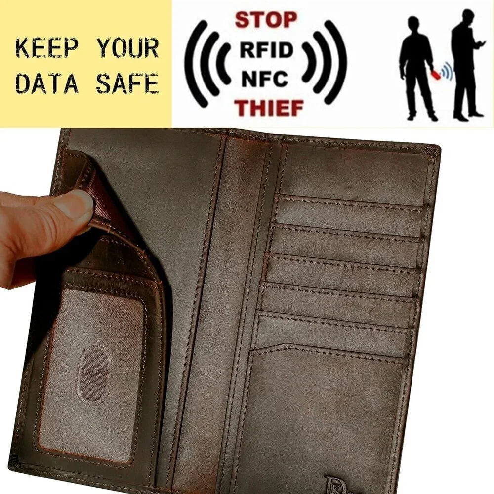 🆕Men Black Long Wallet Grain Leather Rfid Blocking Bifold Deer Wallet, Coffee
